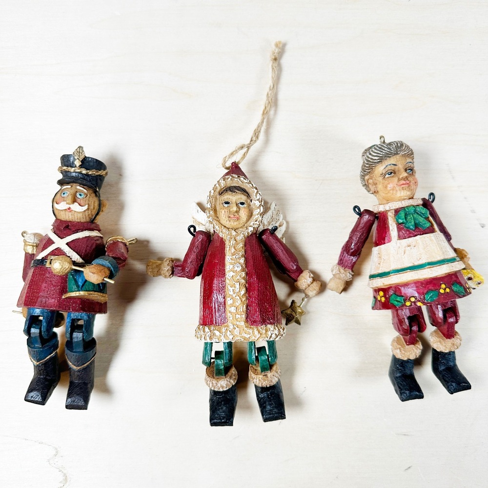 Christmas‎ Jointed Resin Folk Art Ornaments  X3 Set Angel Drummer Mrs Claus VTG